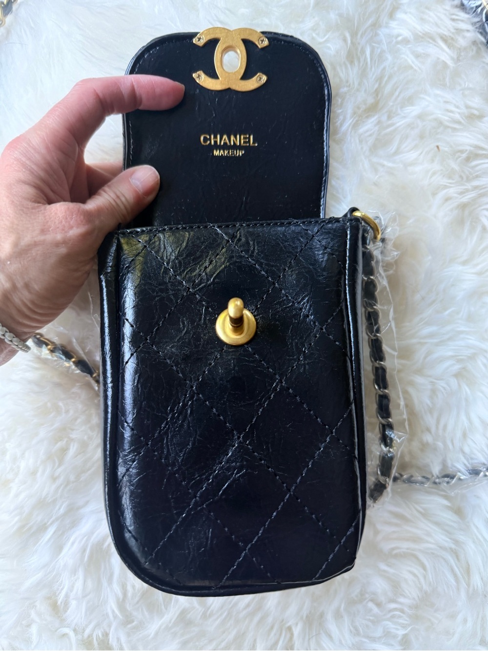 Chanel Makeup Black Aged PU Leather Crossbody Bag w Tweed Coin Purse - Picture 7 of 16